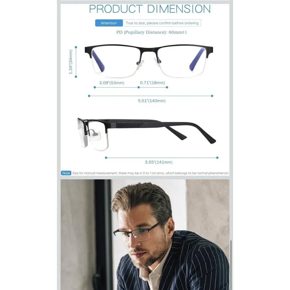 Progressive Multifocal Reading Glasses Business Anti Blue Light Half Frame +1.5